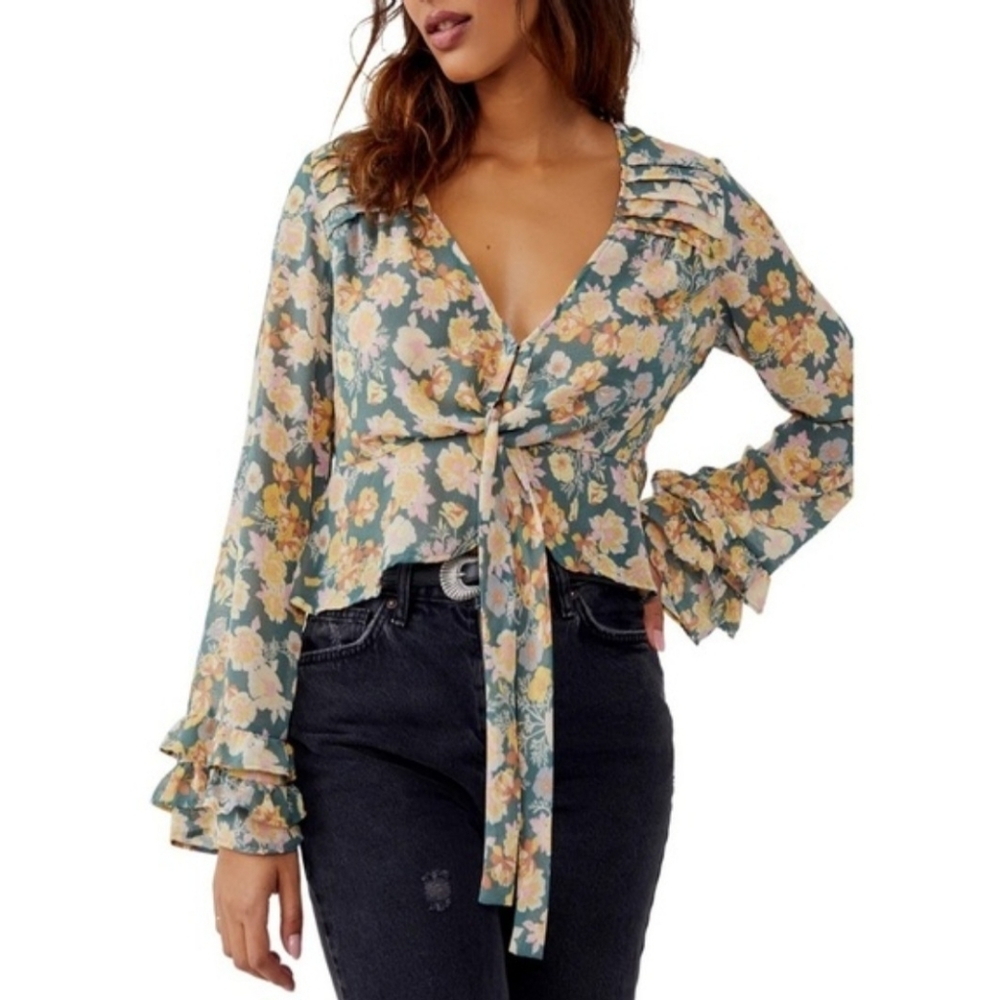 Free People Floral Tie-Front Blouse